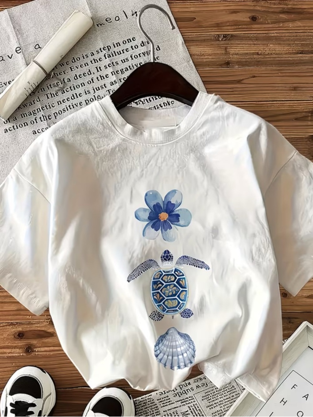 White Women's Graphic Tee with Blue Turtle & Flower Motif